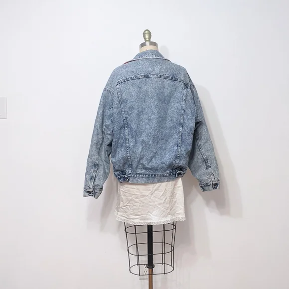 Vintage 80s 90s Levis 70417 0819 Acid Wash Denim Jean Barn Trucker Plaid Flannel - Picture 3 of 5